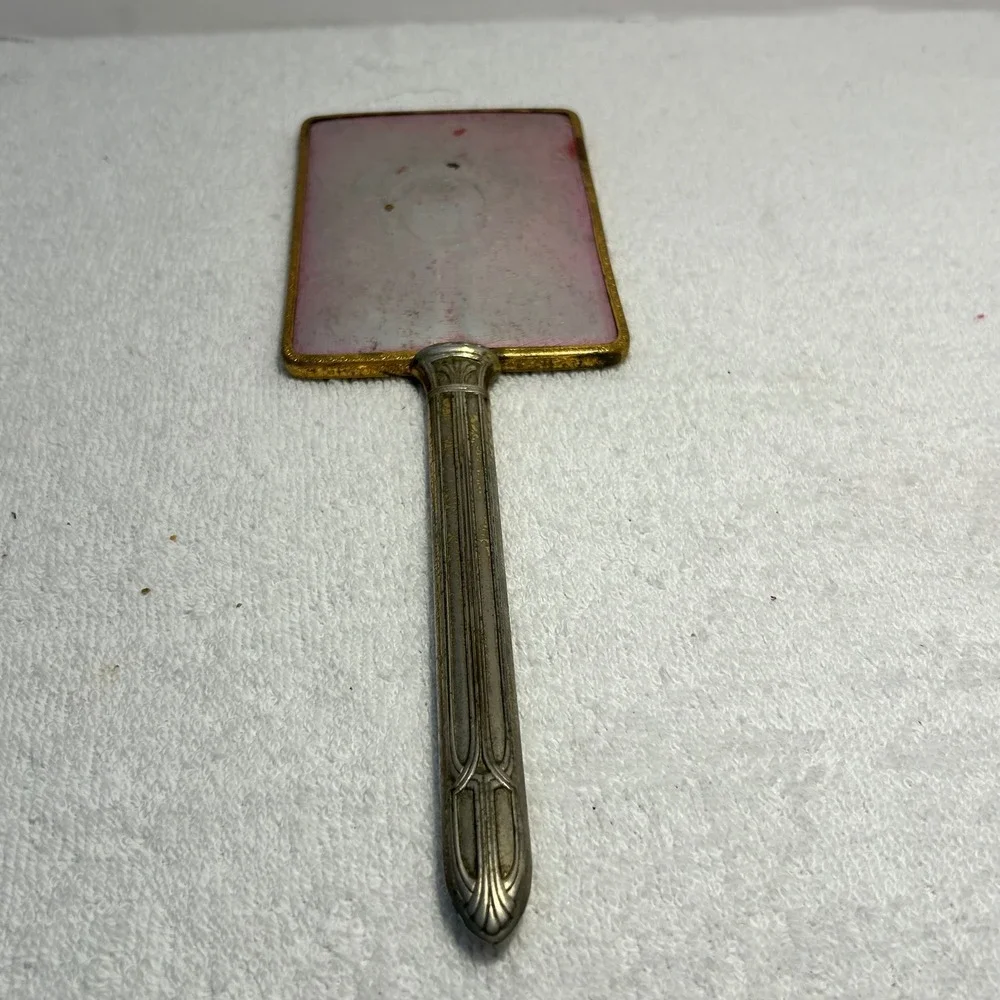 Vintage Art Deco Pink Guilloche Enamel Hand Mirror Flower Basket Beveled Glass